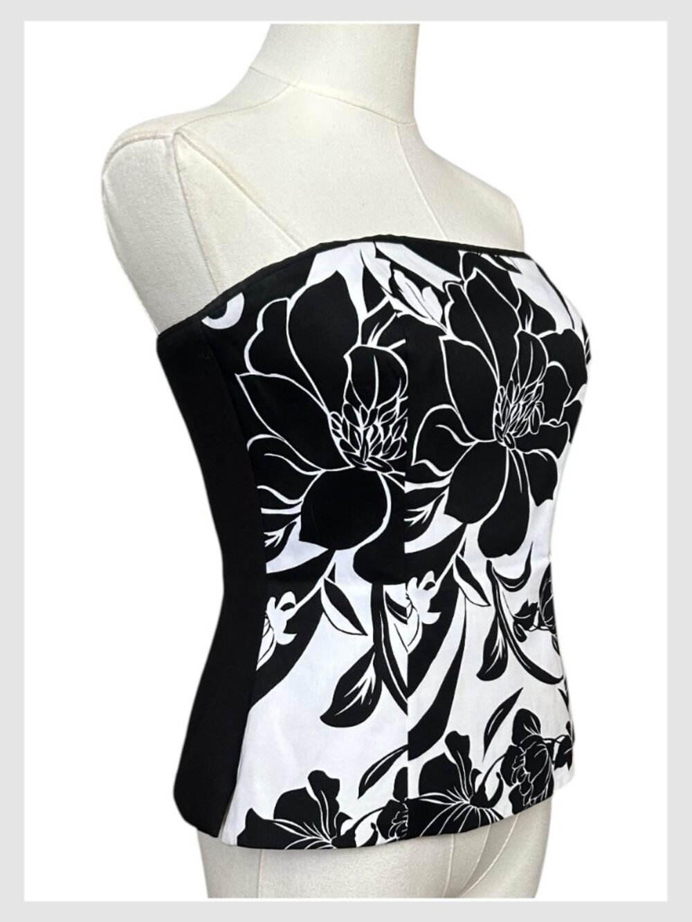 White House Black Market Bustier Top Black White Strapless Floral 2 XS - Picture 4 of 8